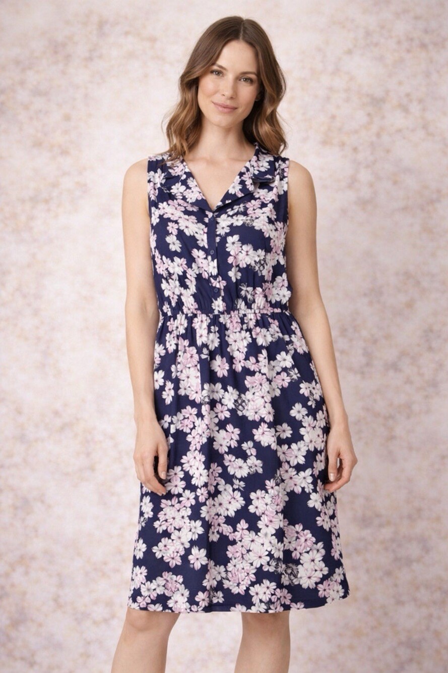 Ann Taylor LOFT Floral Dress Medium Navy Pink Sleeveless Fit Flare Knee